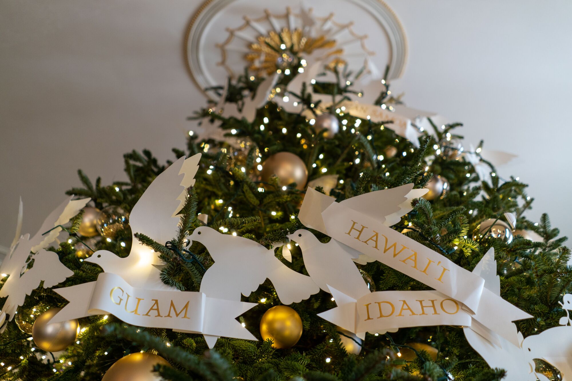 The official White House Christmas tree is decorated with ribbon showcasing the names of U.S. states and territories.