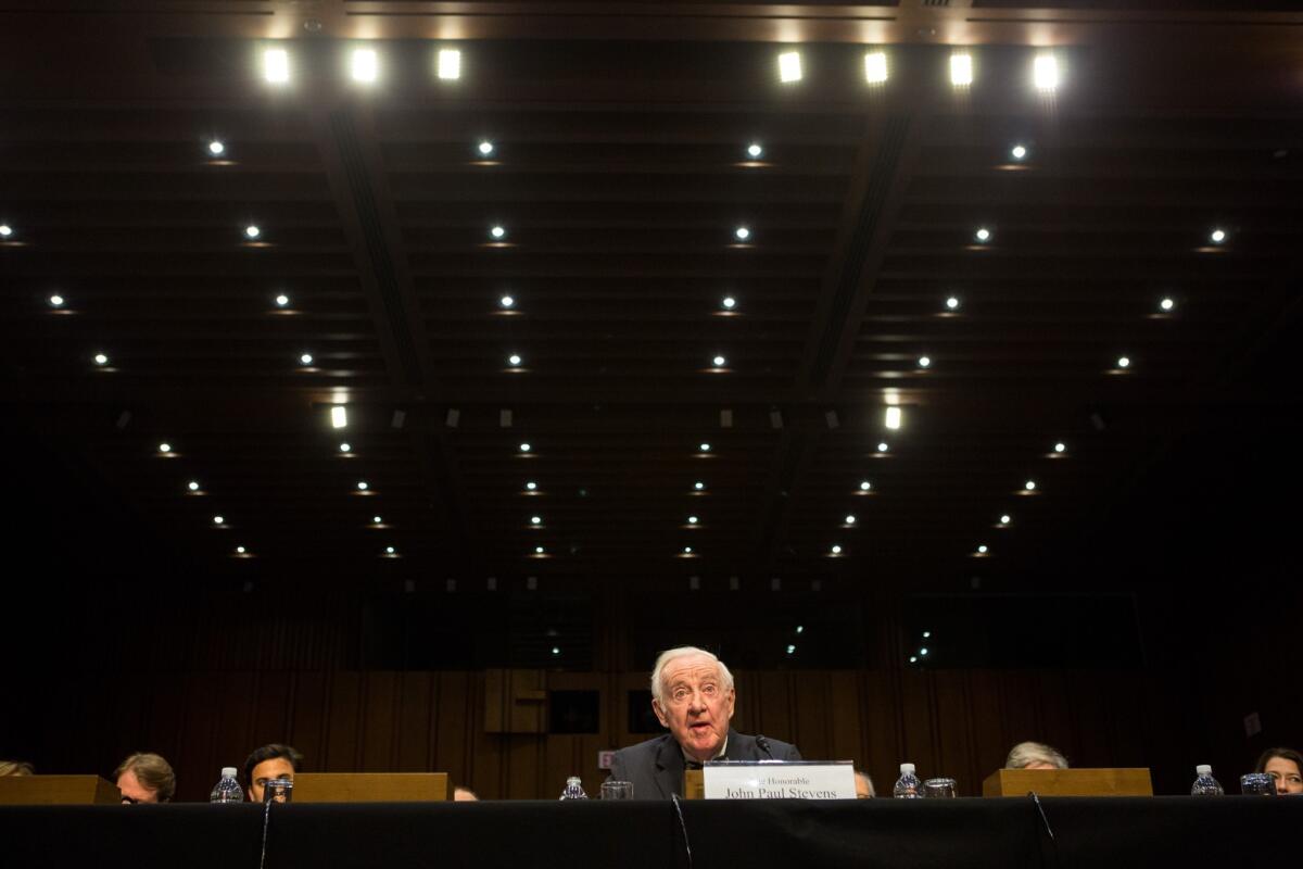 Former Supreme Court Justice John Paul Stevens told a Senate committee that "while money is used to finance speech, money is not speech" in elections.