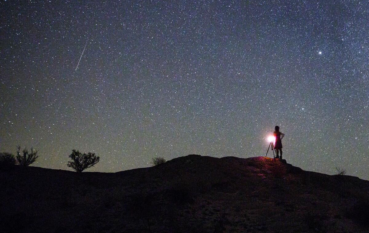 College photography professor Donna Cosentino watches a Perseid meteor streak through the starry sky above Anza Borrego Desert State Park, Calif. just before dawn on August 13, 2015.