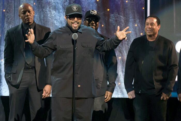 Inductees Dr. Dre, from left, Ice Cube, MC Ren and DJ Yella from N.W.A appear at the 31st Annual Rock and Roll Hall of Fame Induction Ceremony.