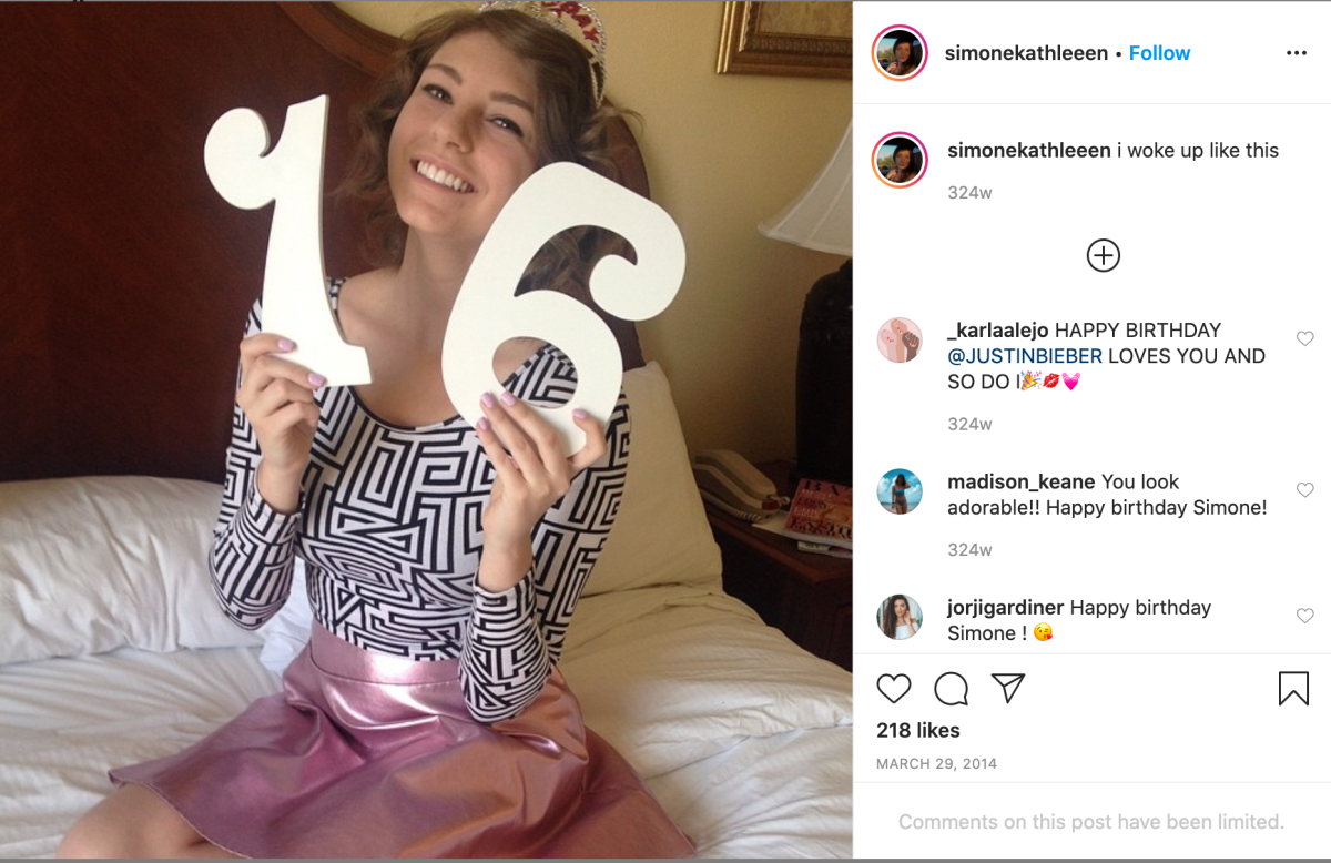 Screenshot of the photo that Simone Rossi posted of herself on Instagram on her 16th birthday in 2014.
