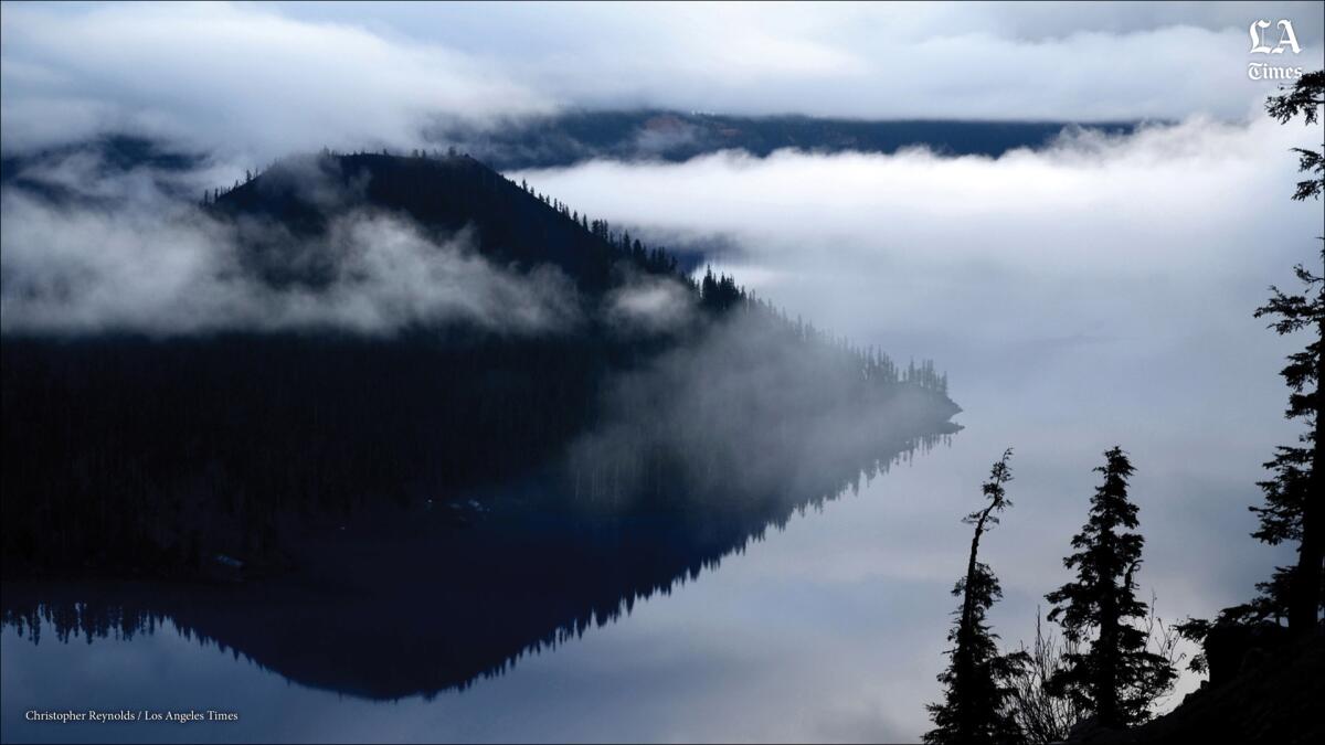 Wizard Island, on the edge of famously blue Crater Lake in Oregon