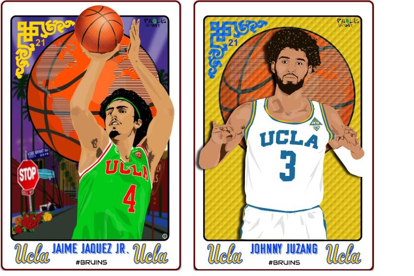 Trading cards of UCLA's Jaime Jaquez Jr., left, and Johnny Juzang, part of a set created by artist Alfredo Ponce.