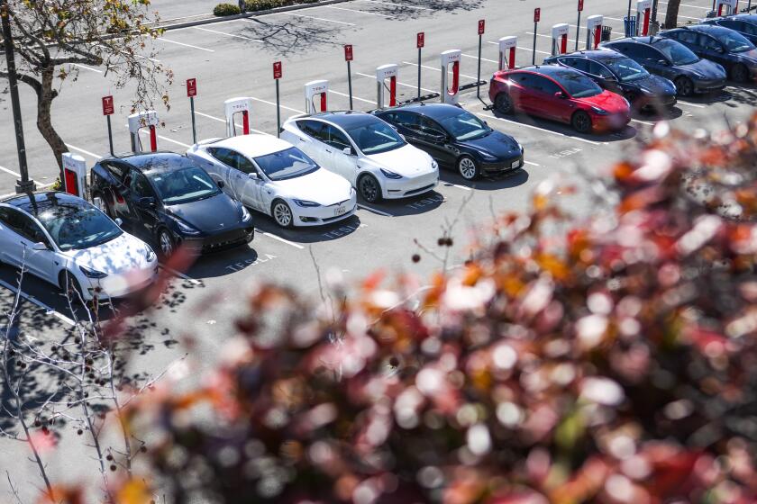 San Diego, CA - February 22: Teslas charge at a Supercharger station at Fashion Valley Mall on Thursday, Feb. 22, 2024 in San Diego, CA. (Meg McLaughlin / The San Diego Union-Tribune)