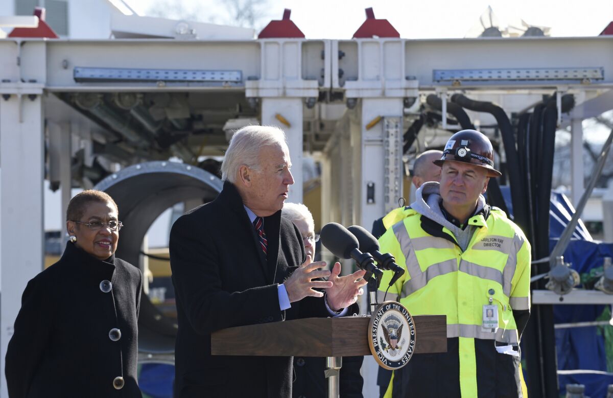 Visiting a river tunnel project in Washington, Vice President Joe Biden speaks at a Jan. 16 event to highlight the importance of maintaining roads, bridges, ports and other infrastructure.