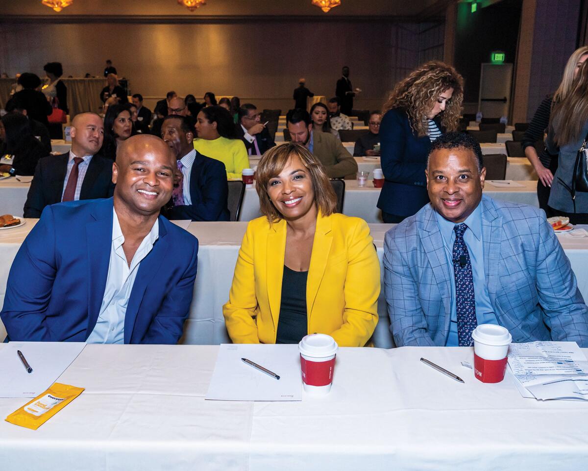 Norvell Thomas of Thela Thatch Consulting, Angela Roseboro of Riot Games and Monty Adams of City of Hope Mark Whitley of sponsor Easterseals Southern California, Jeanette Neumann and Mark Bertrand of Boeing Capital Corporation.
