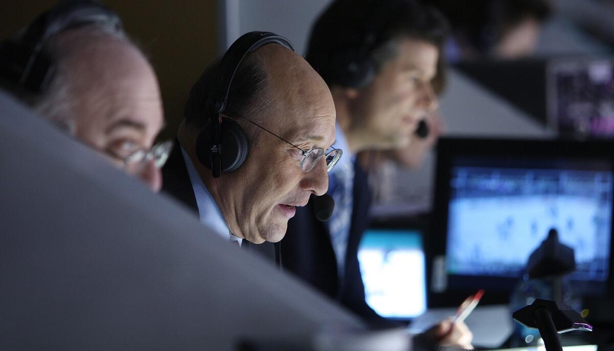 Kings play by play announcer Bob Miller calls the game against Oilers at Staples Center on April 10, 2010.
