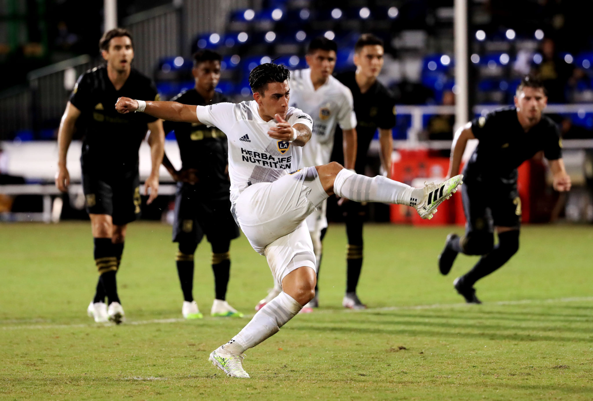 Galaxy forward Cristian Pavon scores against LAFC on July 18.