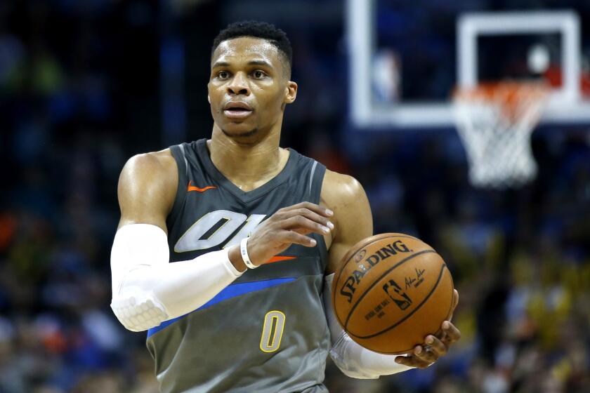Oklahoma City Thunder guard Russell Westbrook (0) during an NBA basketball game against the Los Angeles Lakers in Oklahoma City, Sunday, Feb. 4, 2018. (AP Photo/Sue Ogrocki)