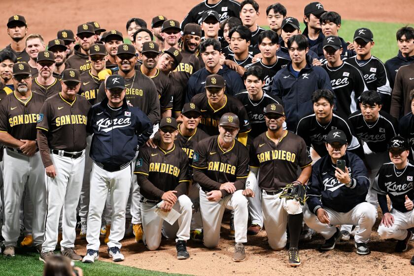 SEOUL, SOUTH KOREA - MARCH 17: Team San Diego Padres pose with Team Korea after the exhibition game between Team Korea and San Diego Padres at Gocheok Sky Dome on March 17, 2024 in Seoul, South Korea. (Photo by Gene Wang/Getty Images) (Photo by Gene Wang/Getty Images)