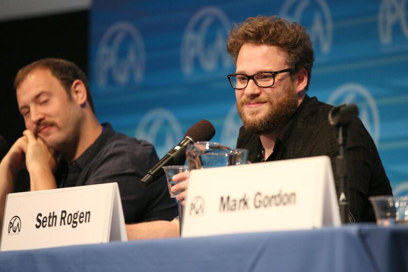 Evan Goldberg and Seth Rogen at the Produced By Conference at Warner Bros. Studios in Burbank.