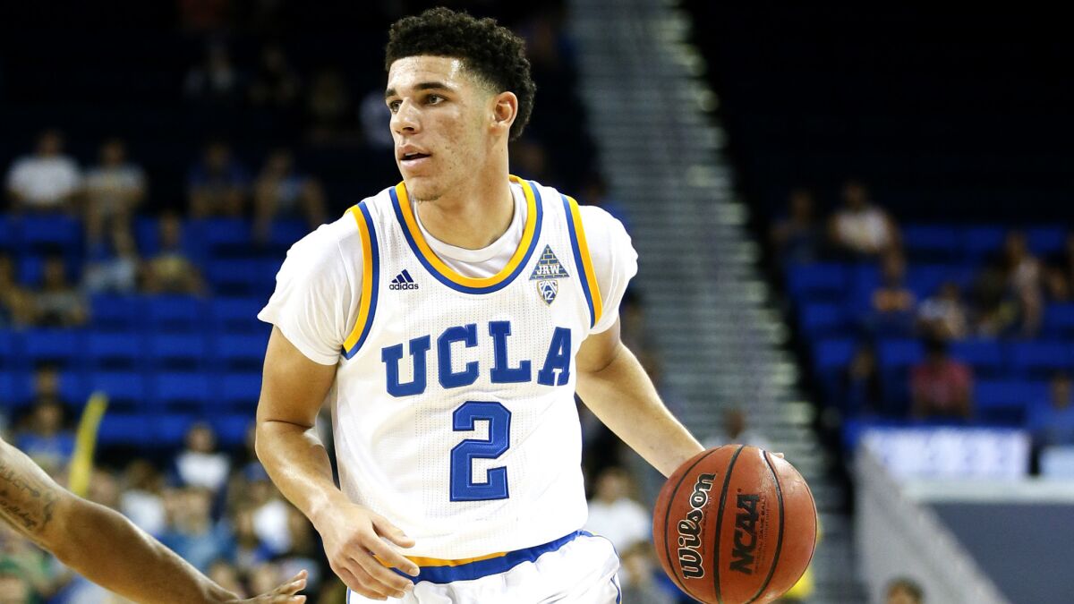 UCLA guard Lonzo Ball, shown during a game earlier this season, had 18 points and 11 assists Thursday night.