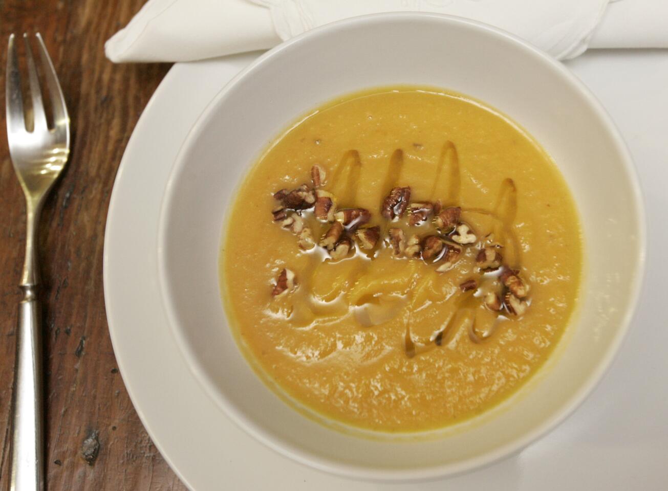Roasted kabocha squash and celery root soup with maple syrup and brown butter