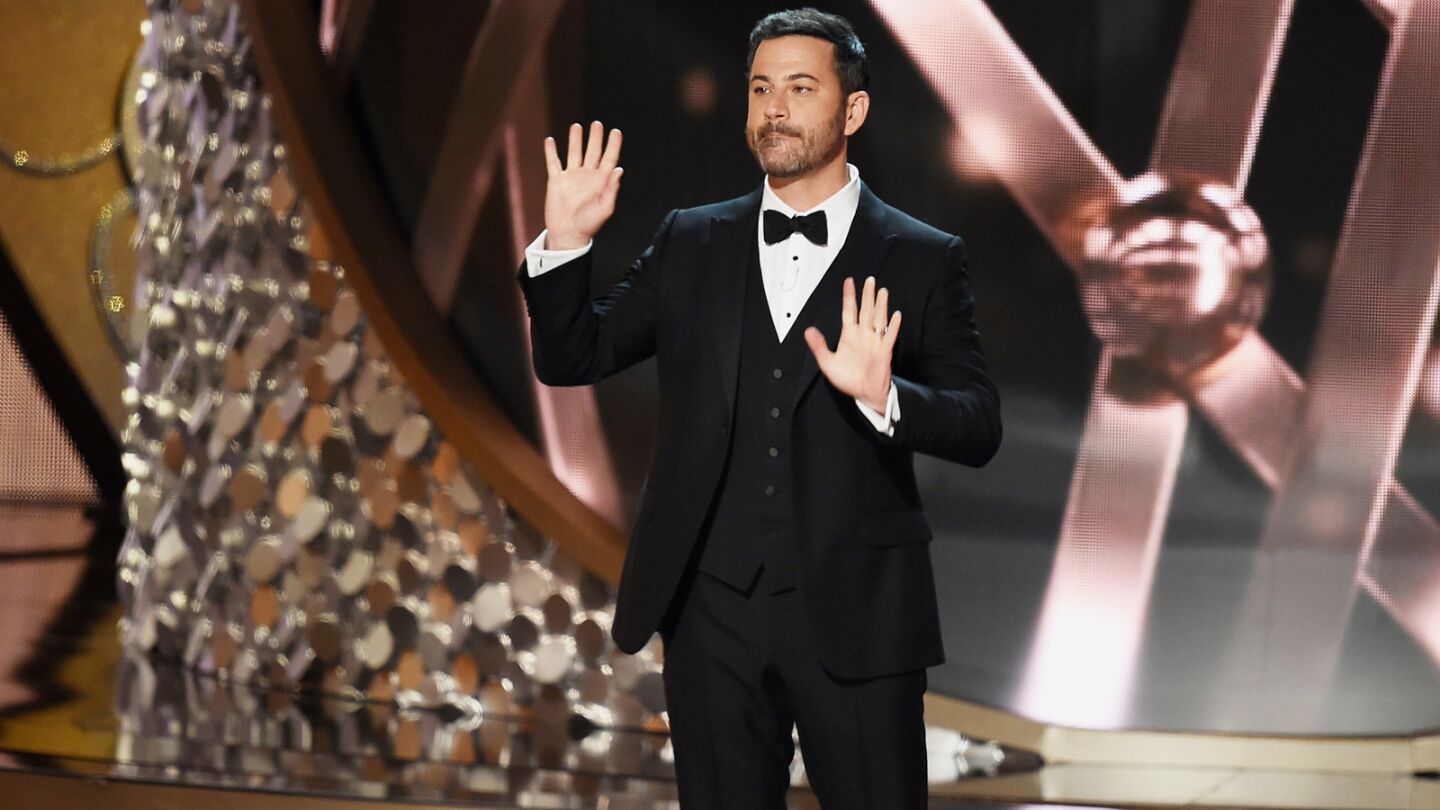 Jimmy Kimmel opens the 68th annual Primetime Emmy Awards at Microsoft Theater on Sept. 18, 2016 in Los Angeles.