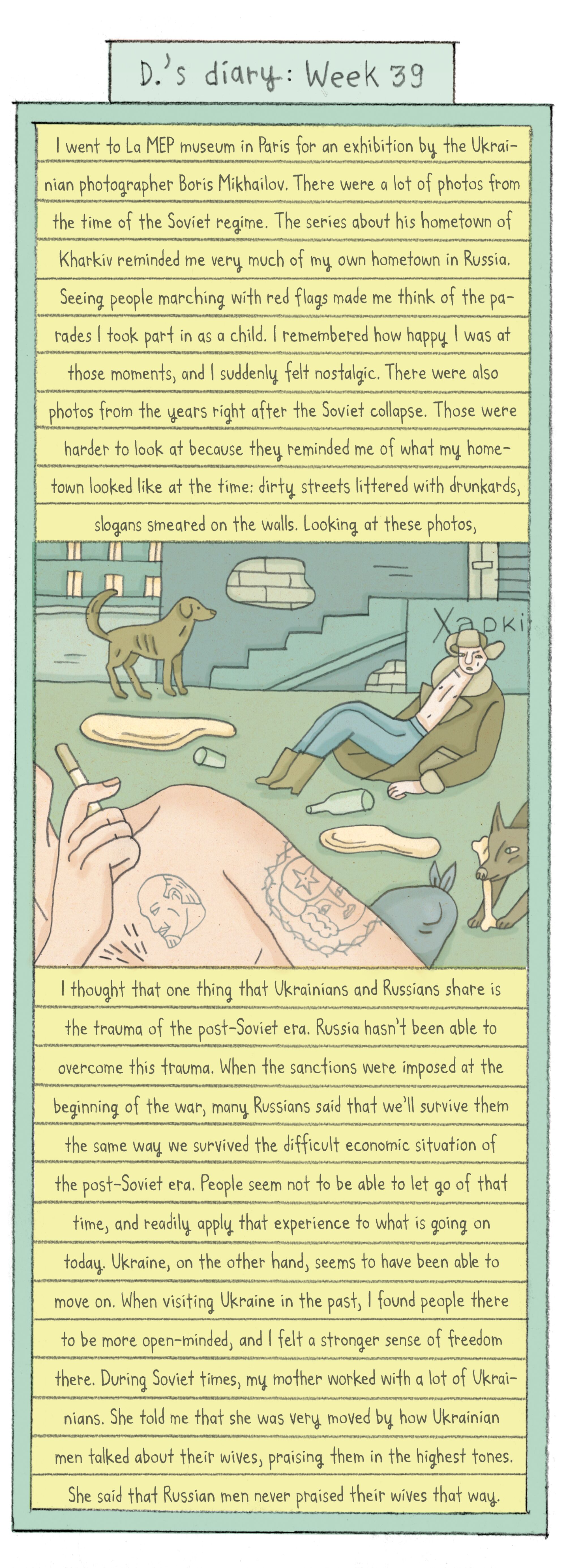 illustrated scene in an alley with graffiti, trash, a tattooed figure in foreground, another figure behind, and stray dogs