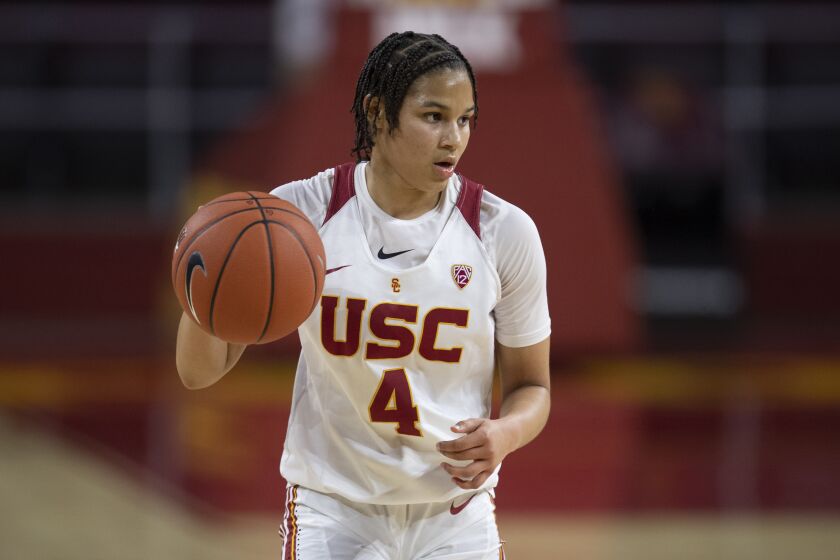 Southern California guard Endyia Rogers during an NCAA basketball game against the Loyola Marymount.