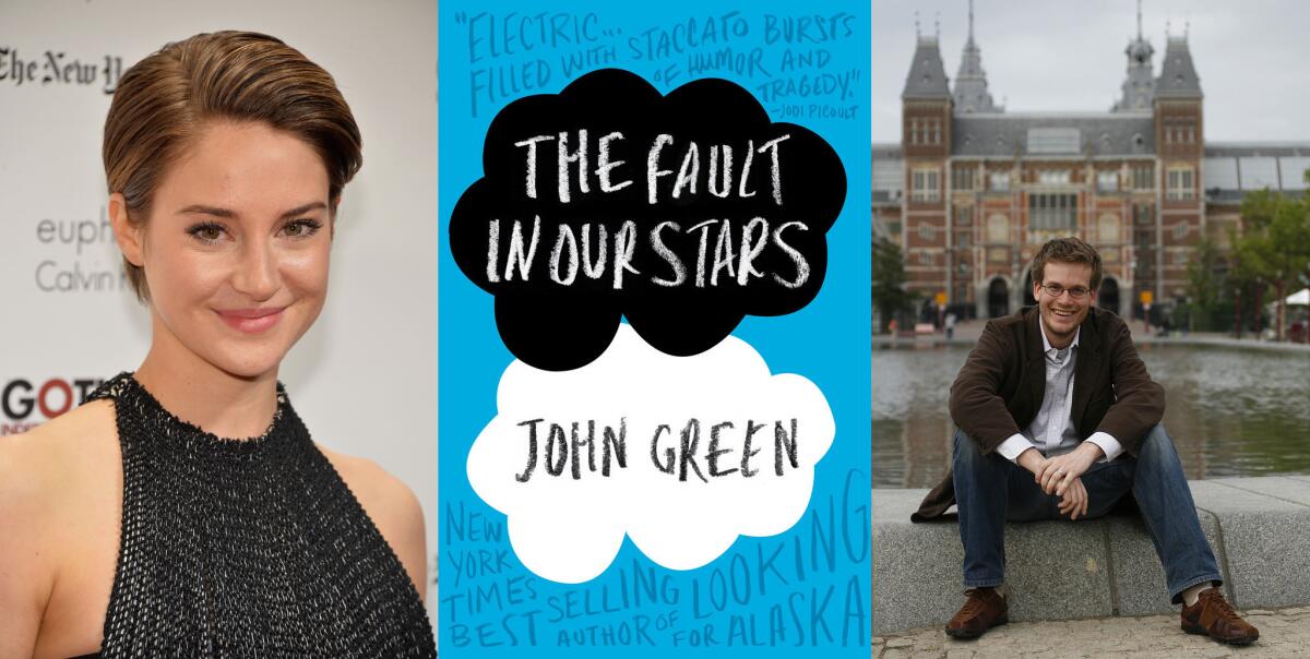Shailene Woodley, left, stars in the upcoming film "The Fault in Our Stars," adapted from the book by John Green, right.