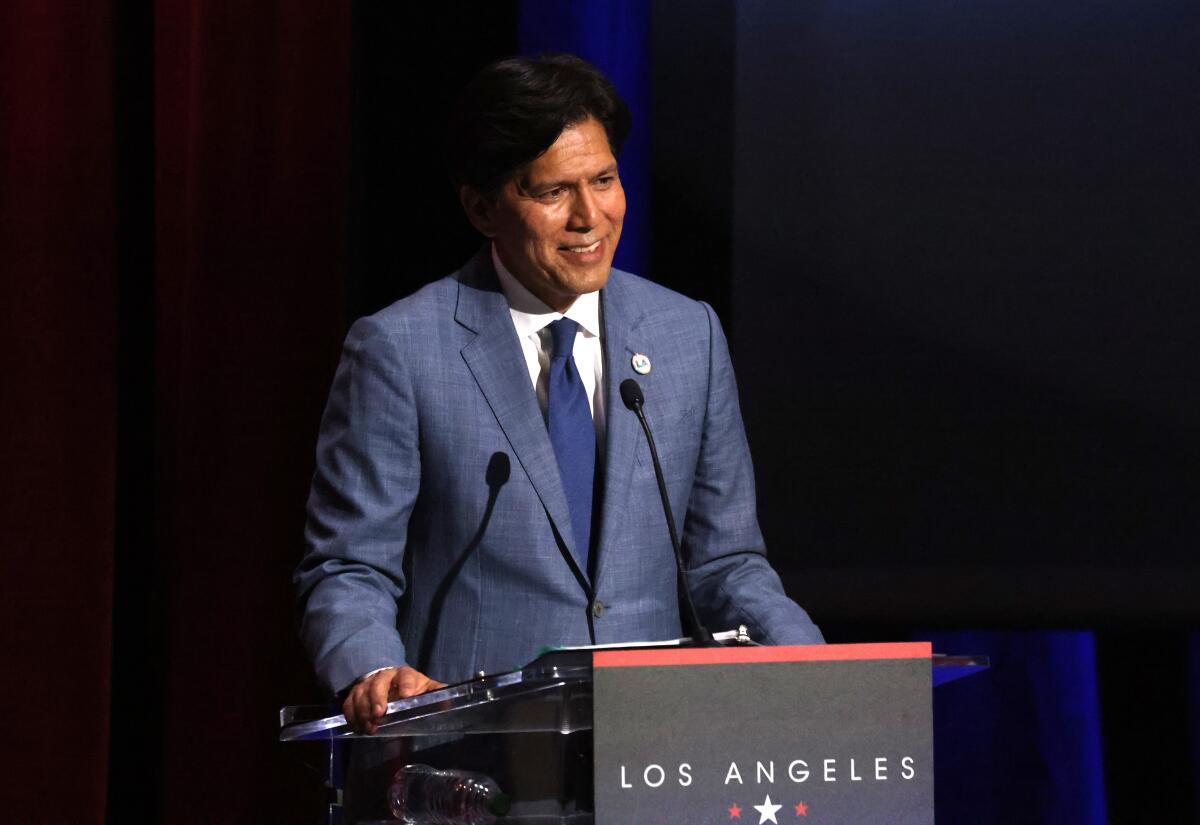 Kevin de León is introduced during Tuesday night's debate.