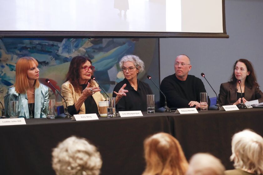 Artists and participants Kelly Berg, Lita Albuquerque, Rebeca Mendez, Phillip Smith III, and Rochelle Steiner, from left, during discussion panel celebrating 10 years of Art and Nature, at the Laguna Art Museum on Friday.
