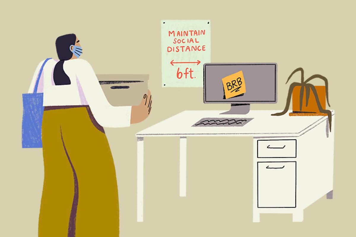 Illustration of a worker in an office with a Post-it saying "BRB" on a computer and a sign saying "Maintain Social Distance."