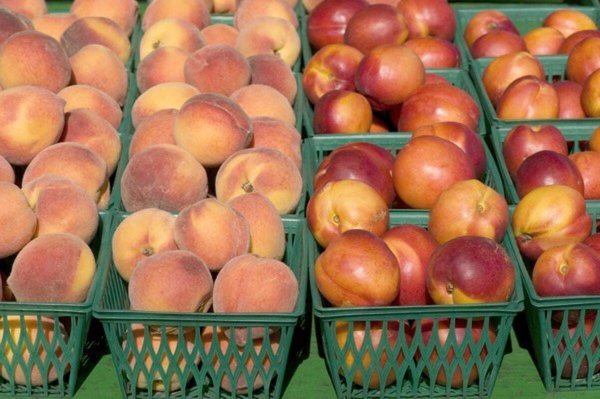 Yellow peaches and nectarines, grown by Pritchett Farms in Tulare County, are displayed for sale at the Torrance farmers market.