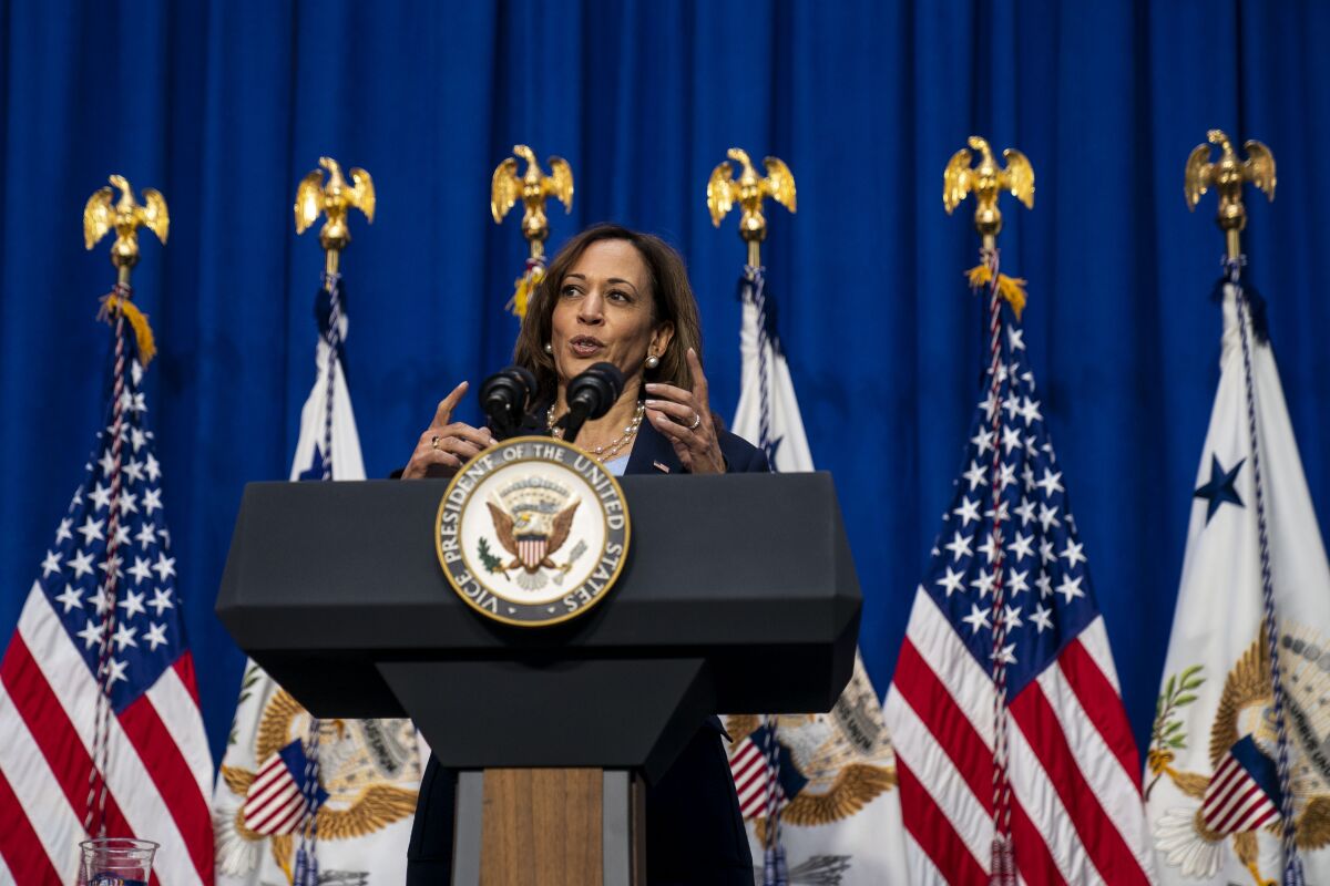 Kamala Harris speaks at a podium in front of American flags