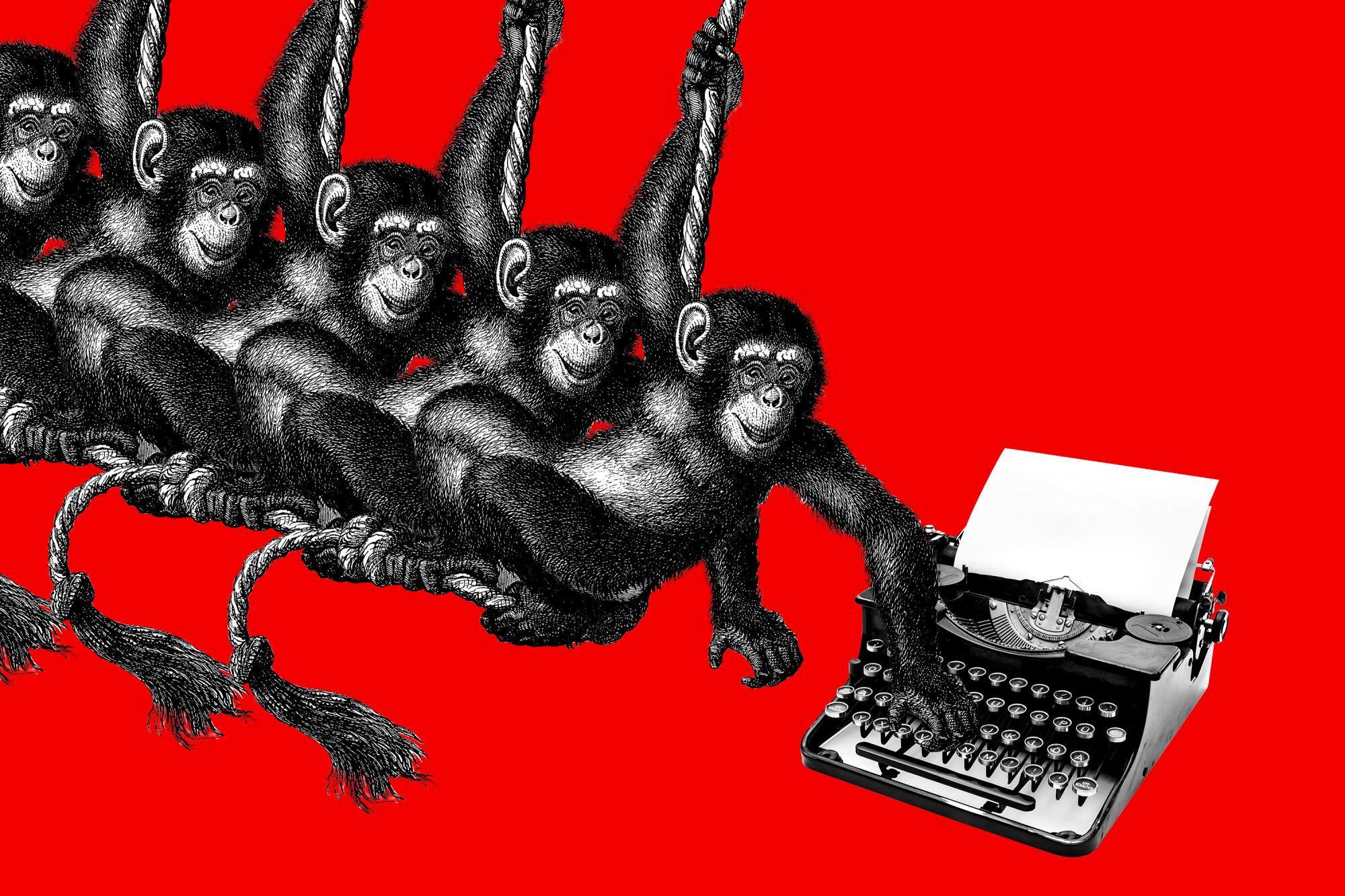 Photo illustration of repeating chimps typing on a vintage typewriter