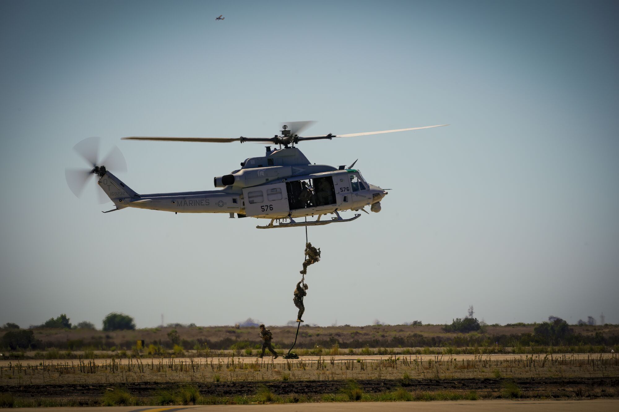 The Marine Air-Ground Task Force (MAGTF) rehearse with infantry Marines fast roping onto an objective. 