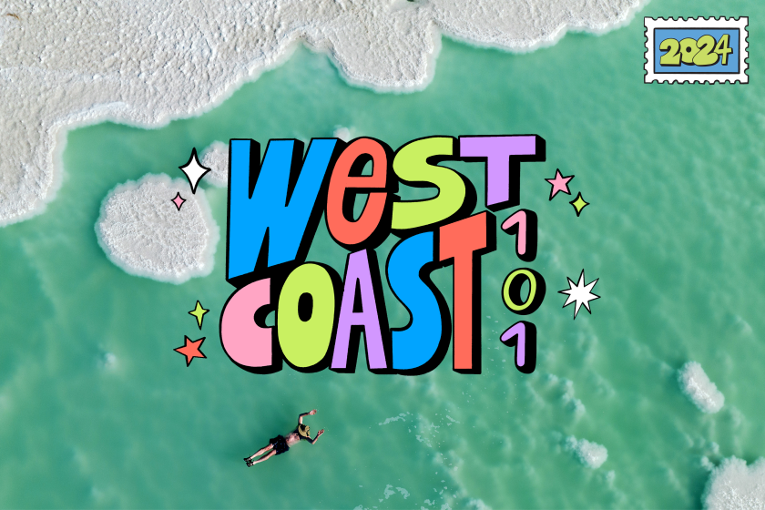 Aerial drone photo on man floating in teal water with colorful typography centered saying "West Coast 101" and a 2024 stamp