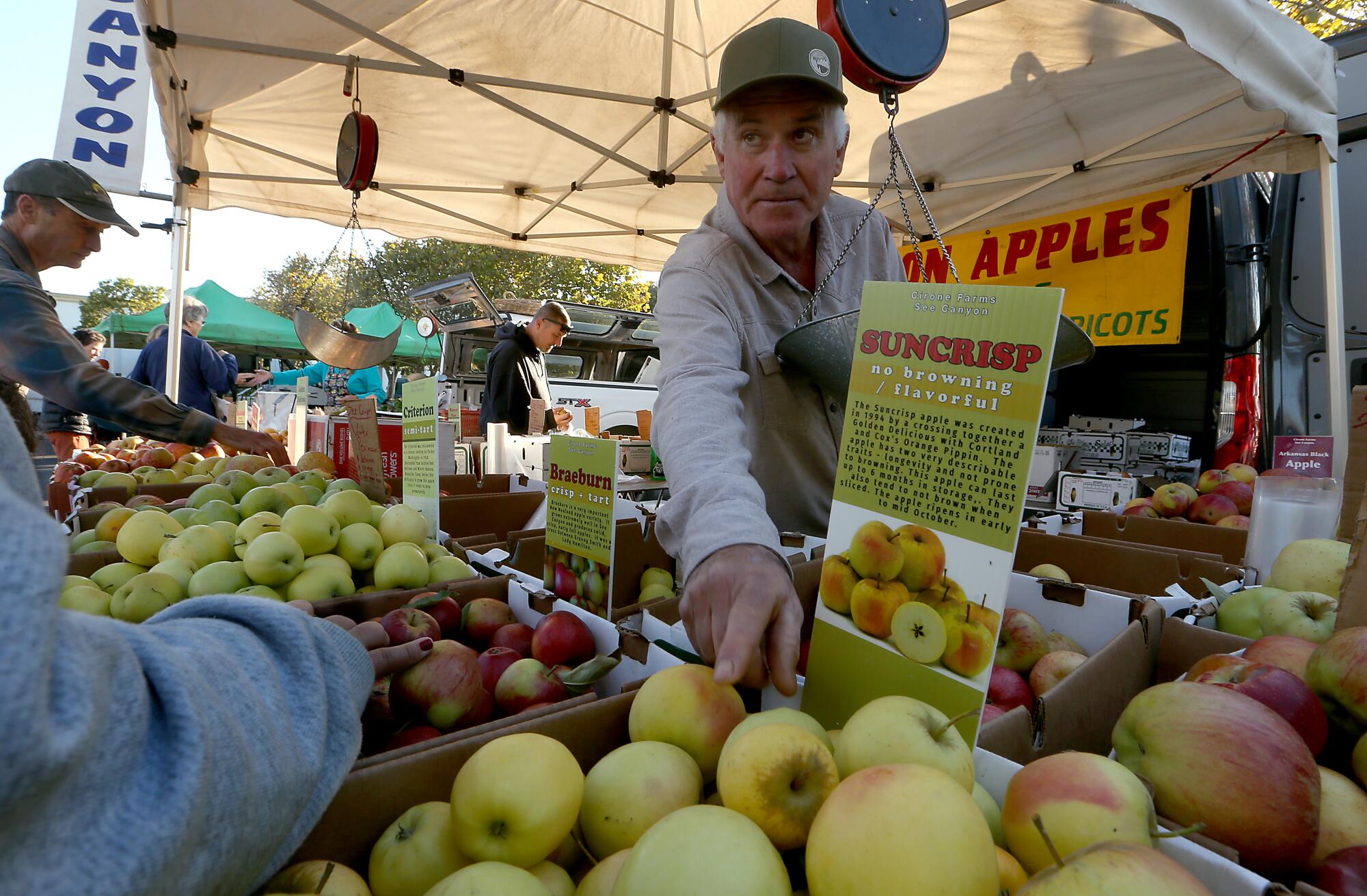 Mike Cirone sells apples and pears at the San Luis Obispo farmers' market.