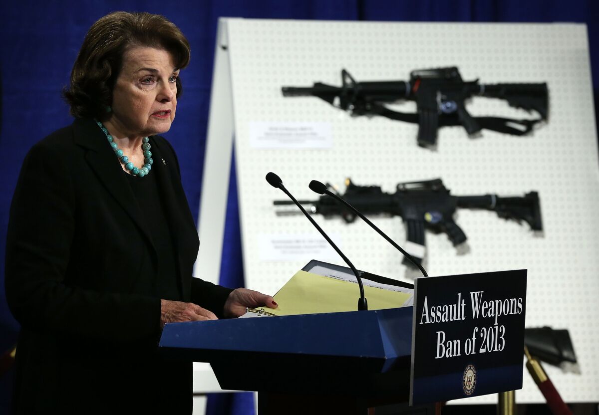 Sen. Dianne Feinstein (D-Calif.) introduces a bill that would ban the sale, transfer, manufacture or importation of certain assault weapons, including semiautomatic rifles favored by Mexico's infamous Zeta cartel.