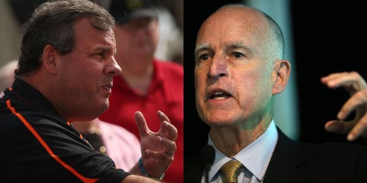 N.J. Gov. Chris Christie, left, has a markedly different political style than California Gov. Jerry Brown.
