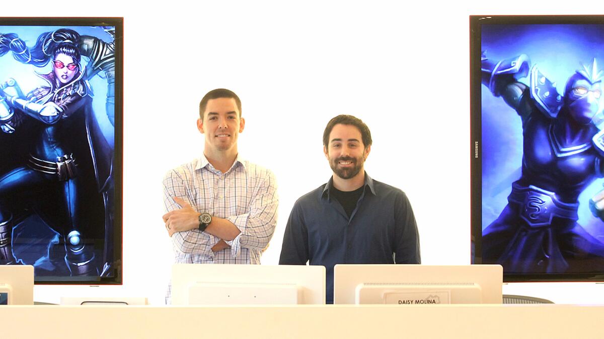 Riot Games President Marc Merrill, left, and CEO Brandon Beck, are photographed at their offices in Santa Monica on Monday, February 6, 2012.