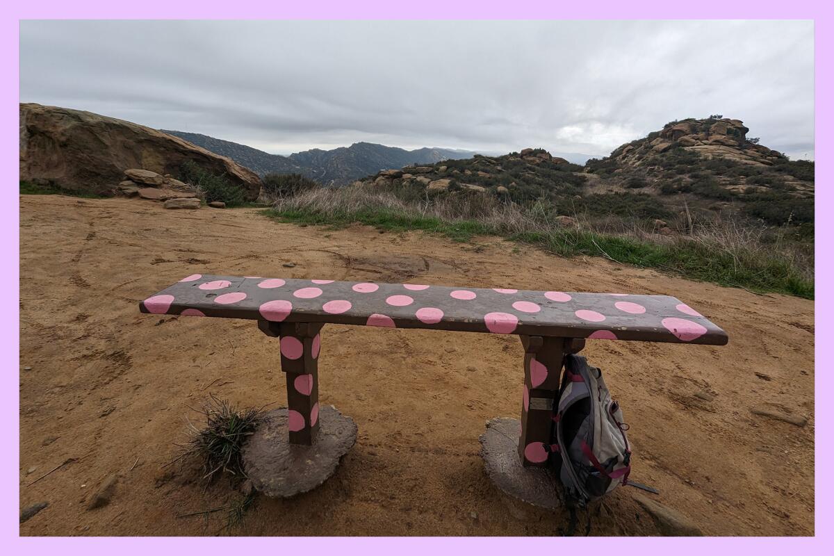A bench with pink polka dots looks out to rocky hills and mountains.