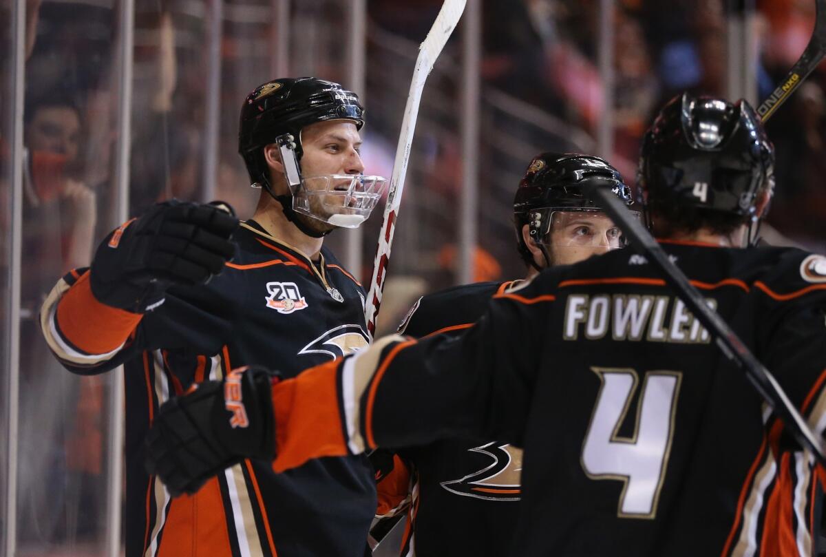 Ryan Getzlaf celebrates after scoring in the third period of the Ducks' 6-2 victory over Dallas on April 25.