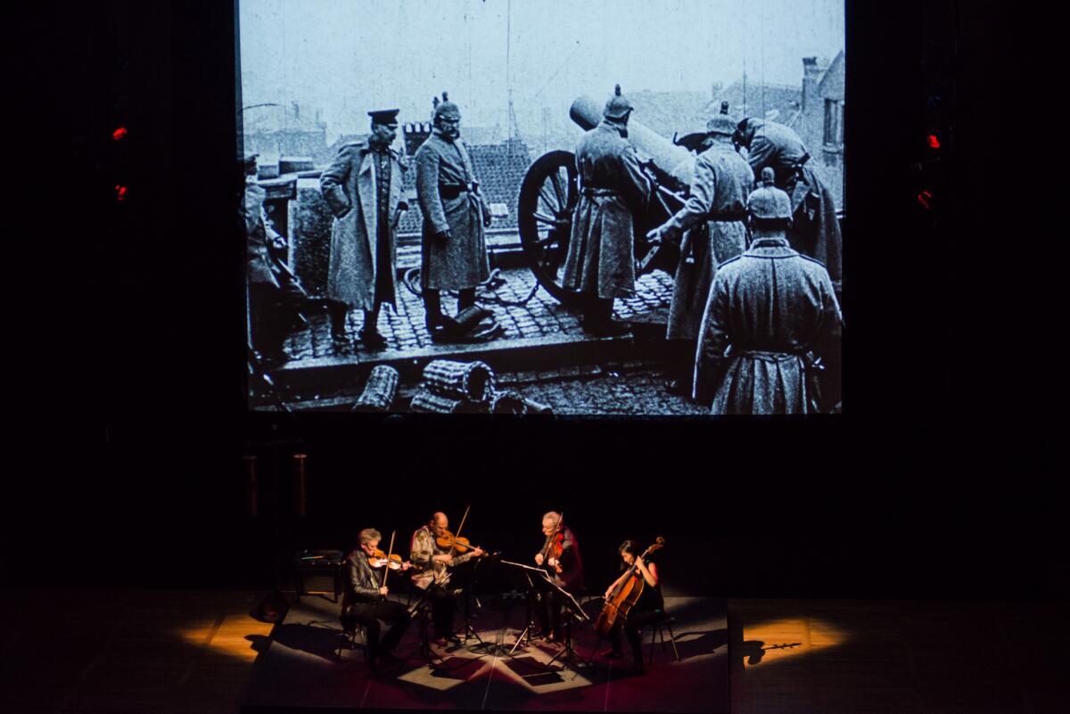 Kronos Quartet will perform Aleksandra Vrebalov's "Beyond Zero: 1914-1918" accompanied by a Bill Morrison film of World War I footage. (Lenny Gonzalez)