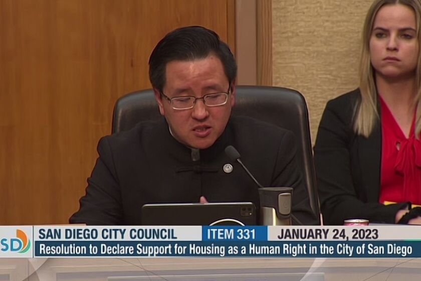 San Diego City Councilman Kent Lee votes in favor Tuesday of declaring housing as a human right.