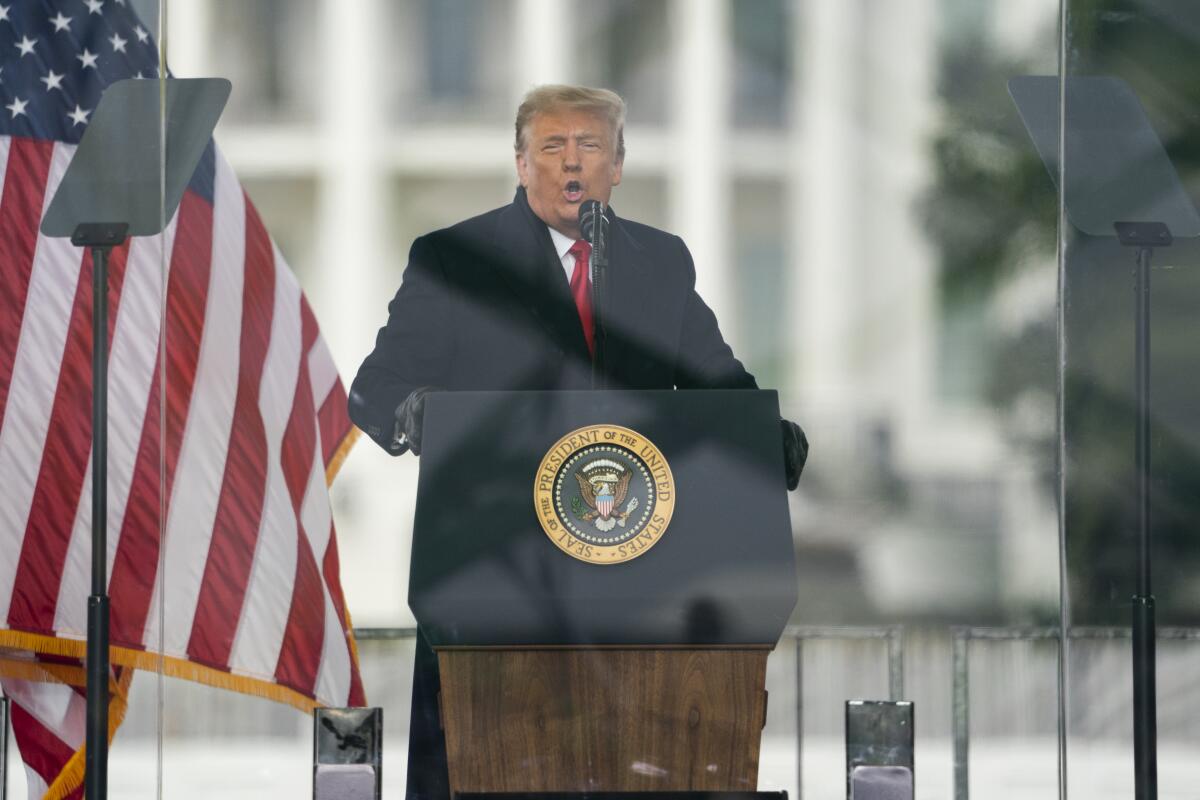 Trump speaks at a podium next to an American flag