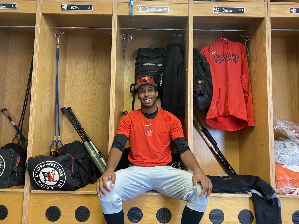 Toussaint Bythewood of Harvard-Westlake poses for a photo in the locker room.