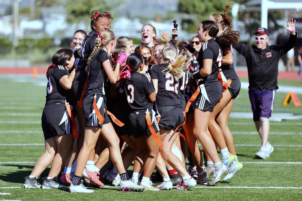 Troy players celebrate after winning the Division 3 championship on the last play Saturday.