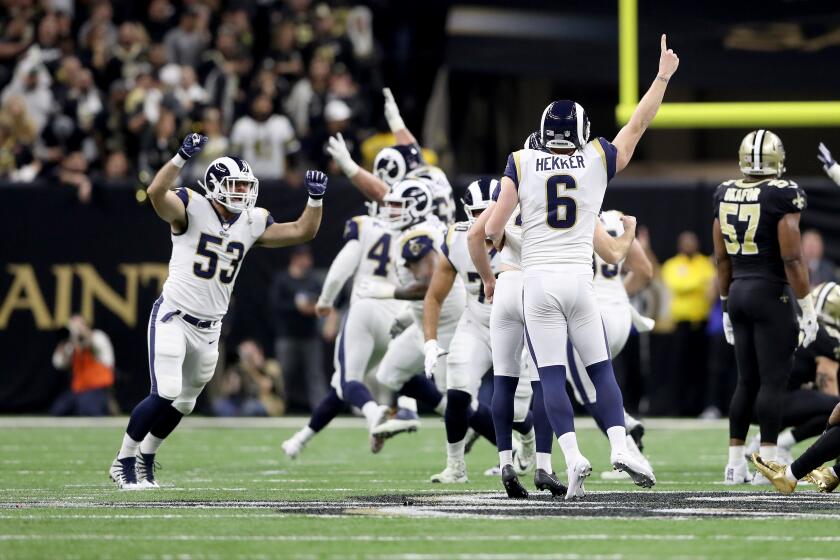 NEW ORLEANS, LOUISIANA - JANUARY 20: Johnny Hekker #6 and Greg Zuerlein #4 of the Los Angeles Rams celebrate after kicking the game winning field goal in overtime against the New Orleans Saints in the NFC Championship game at the Mercedes-Benz Superdome on January 20, 2019 in New Orleans, Louisiana. The Los Angeles Rams defeated the New Orleans Saints with a score of 26 to 23. (Photo by Streeter Lecka/Getty Images)