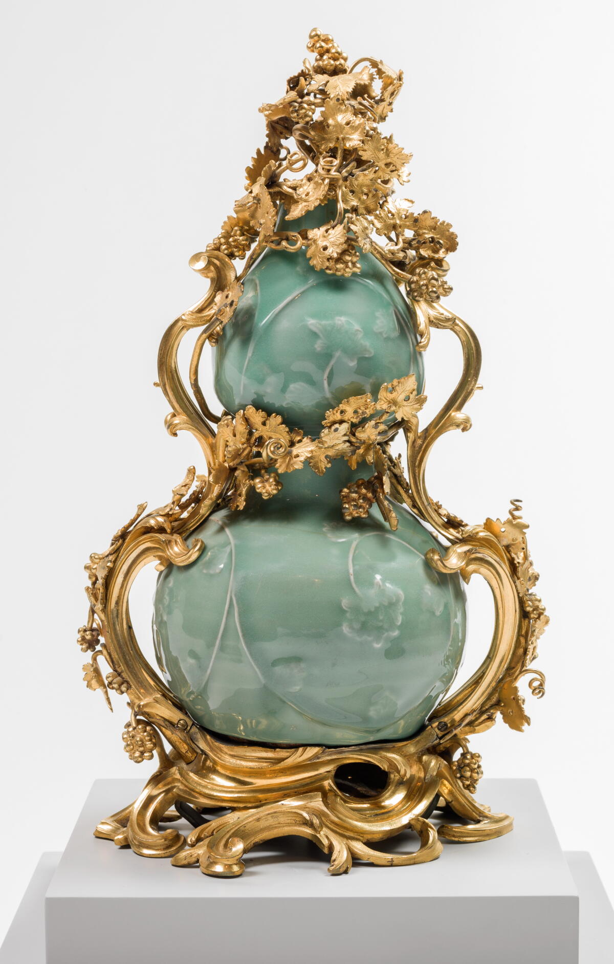Artists unidentified, Chinese/French, 14th/18th century, “Mounted Double-Gourd Vase,” 1300-1350/1745-1749; stoneware