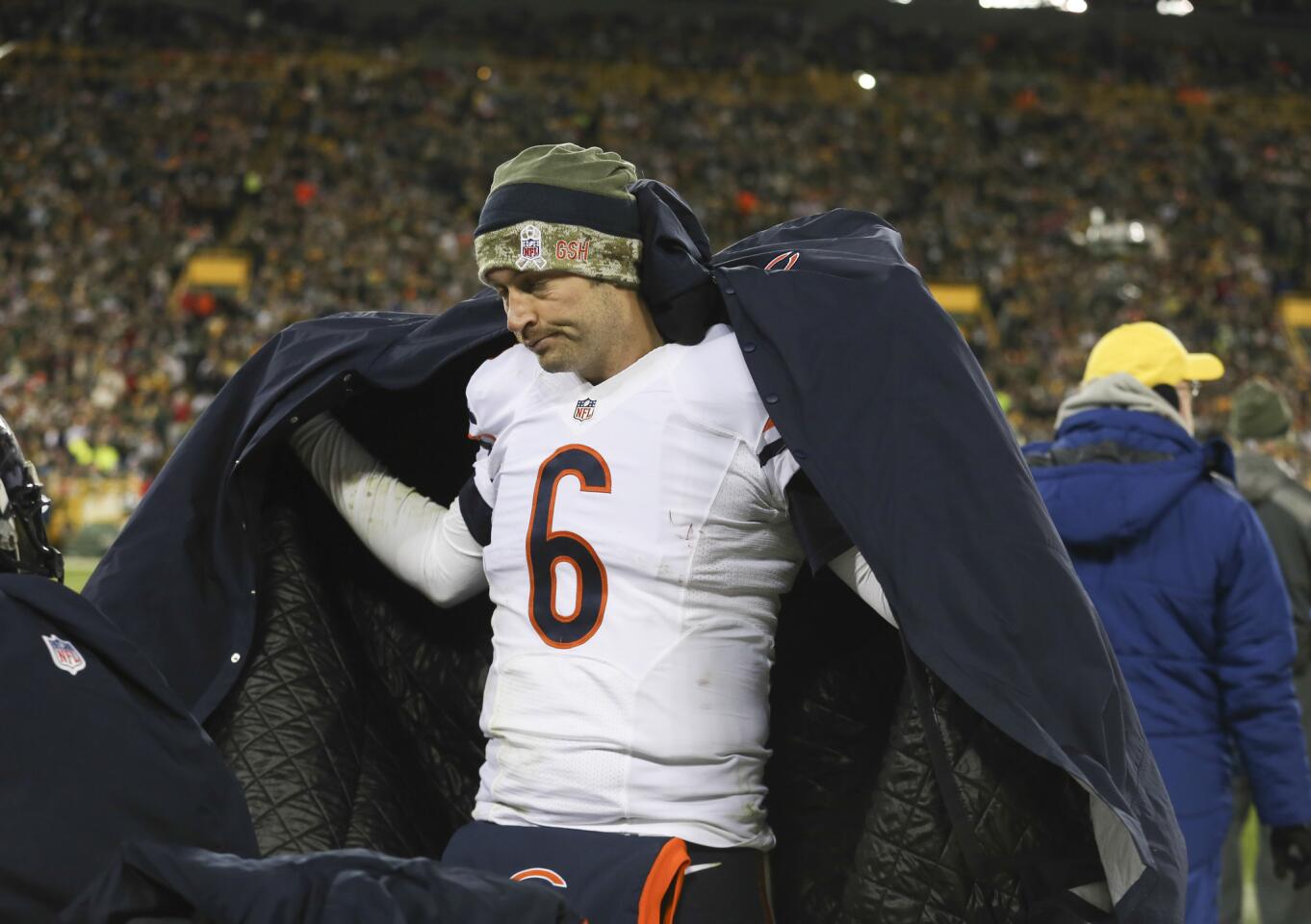 Bears quarterback Jay Cutler after being sacked by the Packers' Julius Peppers with less than two minutes left in the first half.