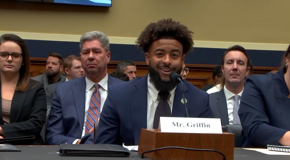 UCLA quarterback Chase Griffin testifies before lawmakers about NIL during a hearing on Capitol Hill.