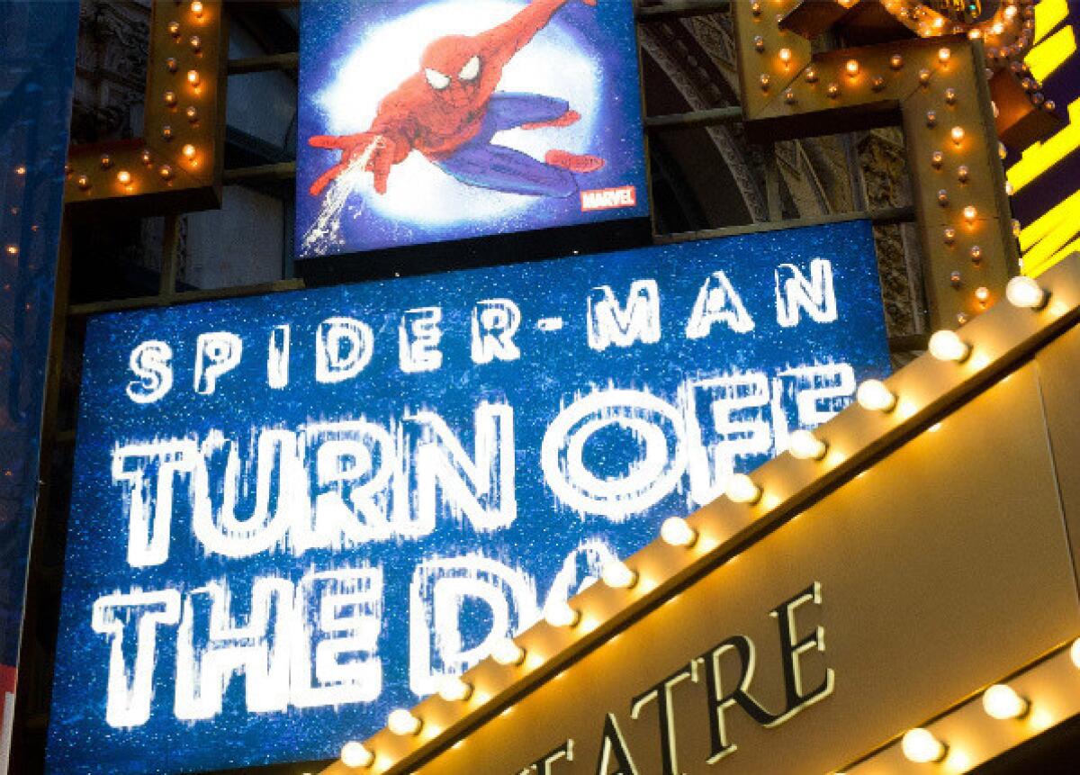 The marquee for the Broadway musical "Spider-Man Turn: Off the Dark" at the Foxwoods Theatre in New York.