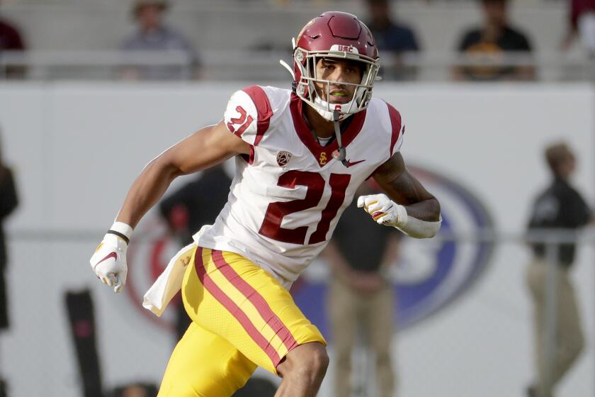 Southern California safety Isaiah Pola-Mao (21) against Arizona State during the second half of an NCAA college football game, Saturday, Nov. 9, 2019, in Tempe, Ariz. (AP Photo/Matt York)