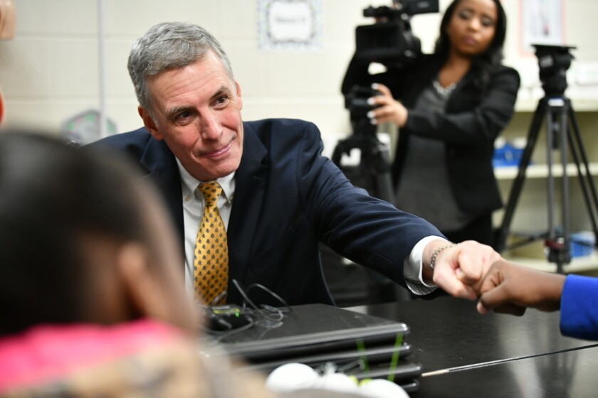 FILE - In this Feb. 21, 2019 file photo, U.S. Rep. Tom Rice, R-South Carolina, talks with students in Florence School District Four in Florence, S.C. Rice said Thursday, Jan. 14, 2021 he knows he may lose his seat thanks to his support of the impeachment of President Donald Trump. Rice on Wednesday was one of only 10 House Republicans to join Democrats in voting to impeach the president. (AP Photo/Meg Kinnard, File)