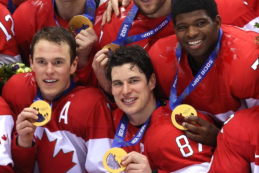 SOCHI, RUSSIA - FEBRUARY 23: (l-R) Jonathan Toews, Sidney Crosby and P.K. Subban.