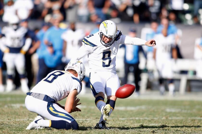 Los Angeles Chargers kicker Nick Novak (9) kicks the game winning field goal from the hold of Drew Kaser against the Oakland Raiders during the second half of an NFL football game in Oakland, Calif., Sunday, Oct. 15, 2017. (AP Photo/D. Ross Cameron)