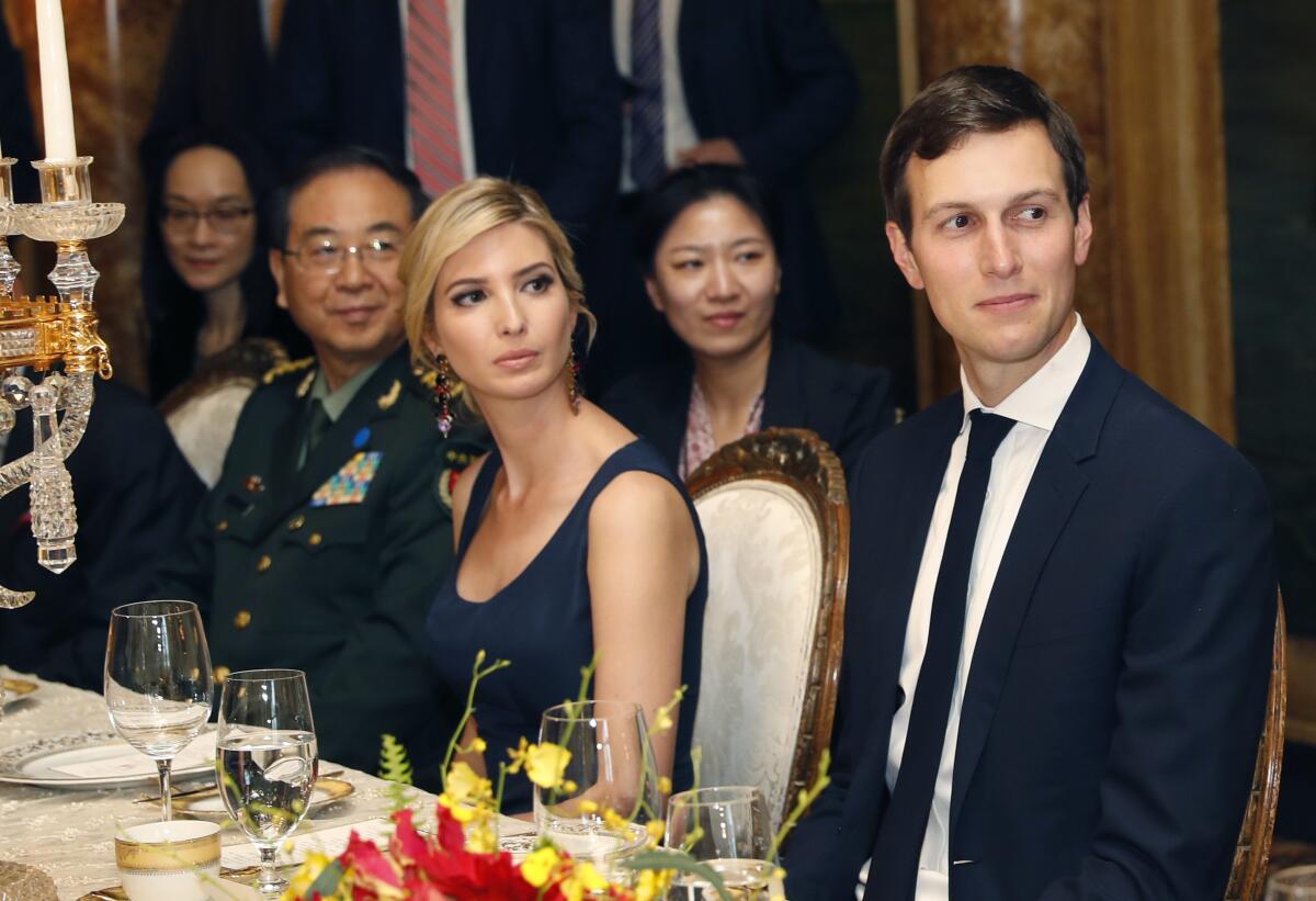 Ivanka Trump, second from right, and her husband, White House senior advisor Jared Kushner, right, join her father, President Trump, at a dinner with Chinese President Xi Jinping in April 2017 at Mar-a-Lago in Palm Beach, Fla.